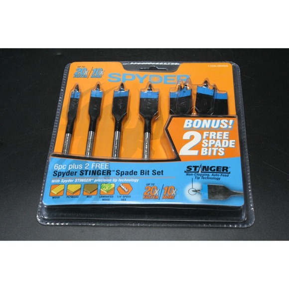 Spyder Stinger‎ 8 Pc. Assorted 6-in Woodboring Spade Drill Bit Set 1/4 Bit Drive - Picture 1 of 7